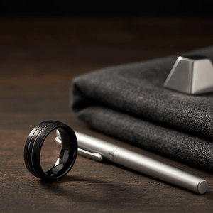 BOSTIN — Editorial masculine still life — men's tungsten wedding ring.