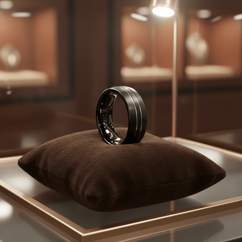 BOSTIN — Premium boutique display on velvet — men's tungsten wedding ring.