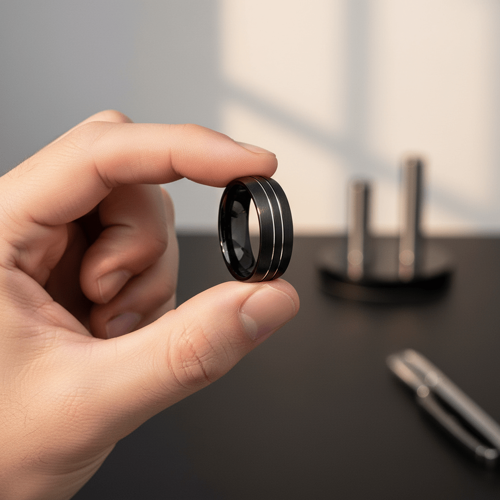 BOSTIN — Held between fingers close-up — men's tungsten wedding ring.