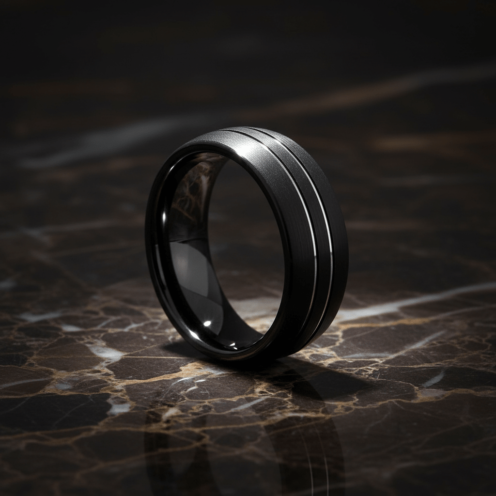 BOSTIN — Luxury 3/4 angle on dark marble — men's tungsten wedding ring.