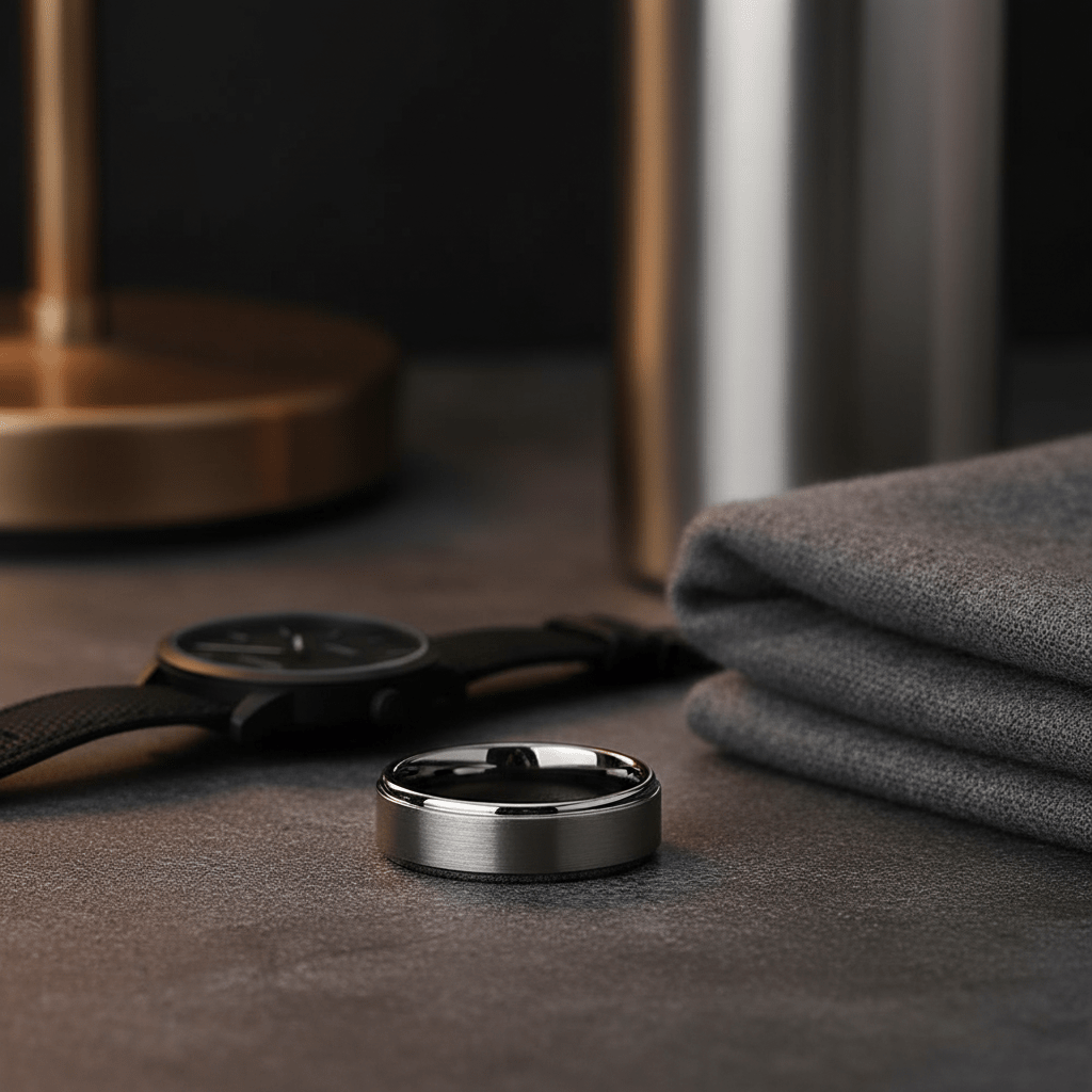 BOUNCER — close-up detail — men's tungsten carbide wedding ring | Aydins Jewelry