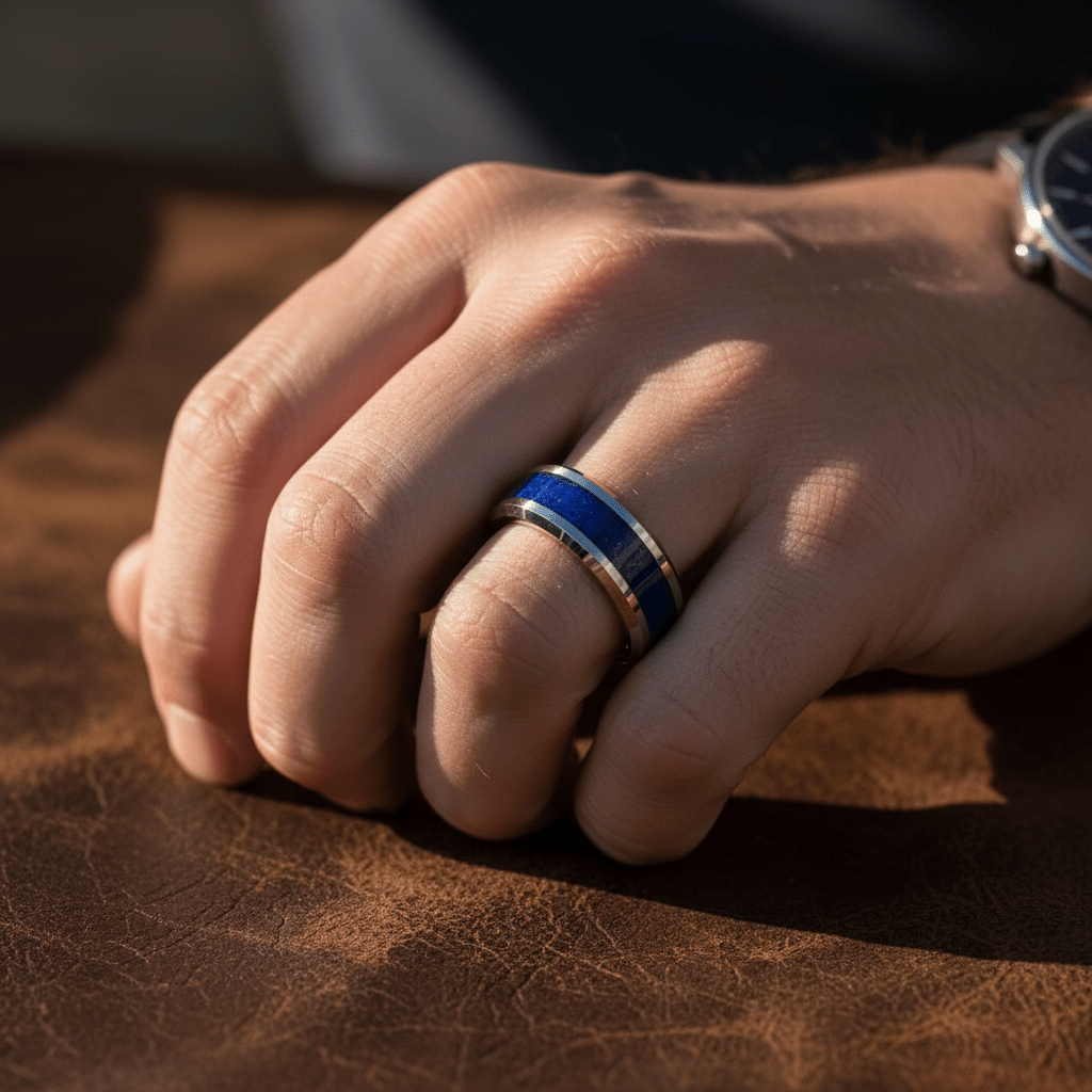BOYDTON — Lifestyle photo on hand — men's tungsten wedding ring.
