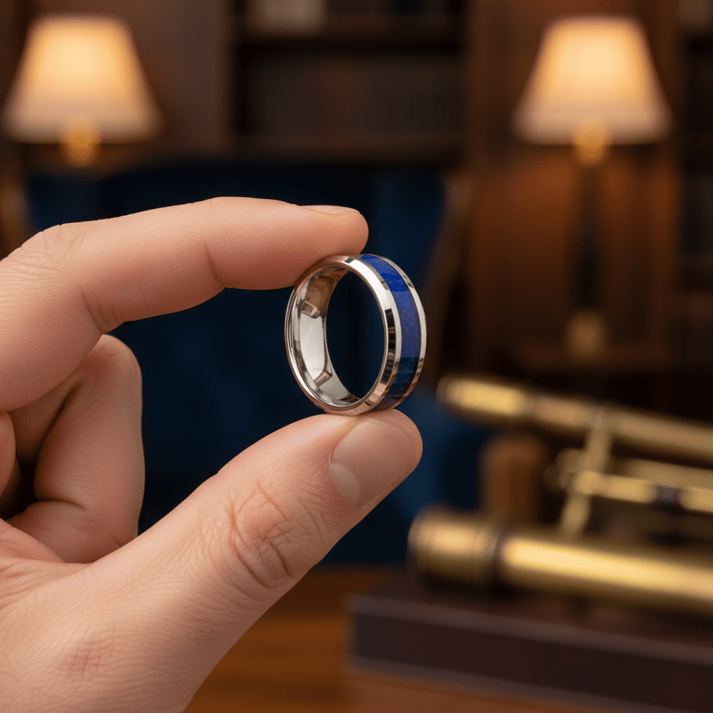 BOYDTON — Held between fingers close-up — men's tungsten wedding ring.