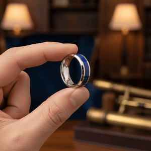 BOYDTON — Held between fingers close-up — men's tungsten wedding ring.