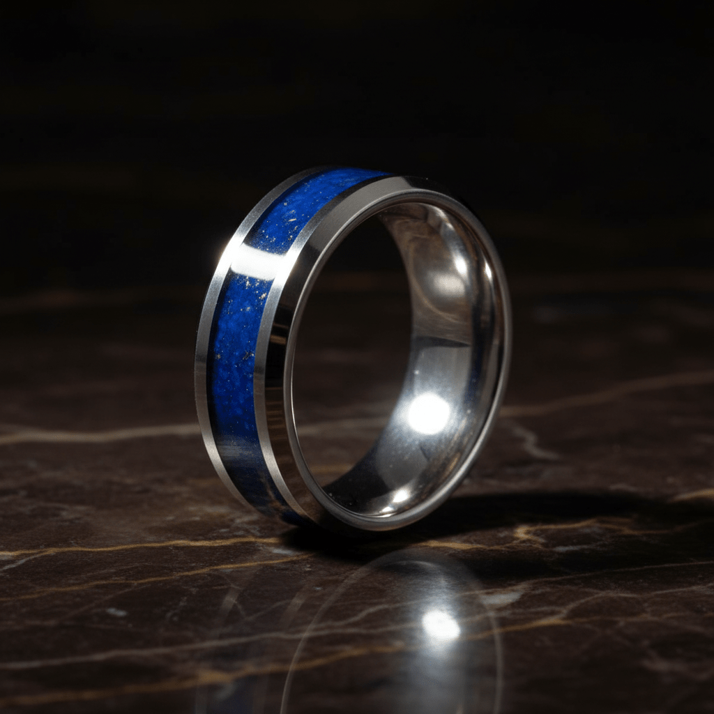BOYDTON — Luxury 3/4 angle on dark marble — men's tungsten wedding ring.