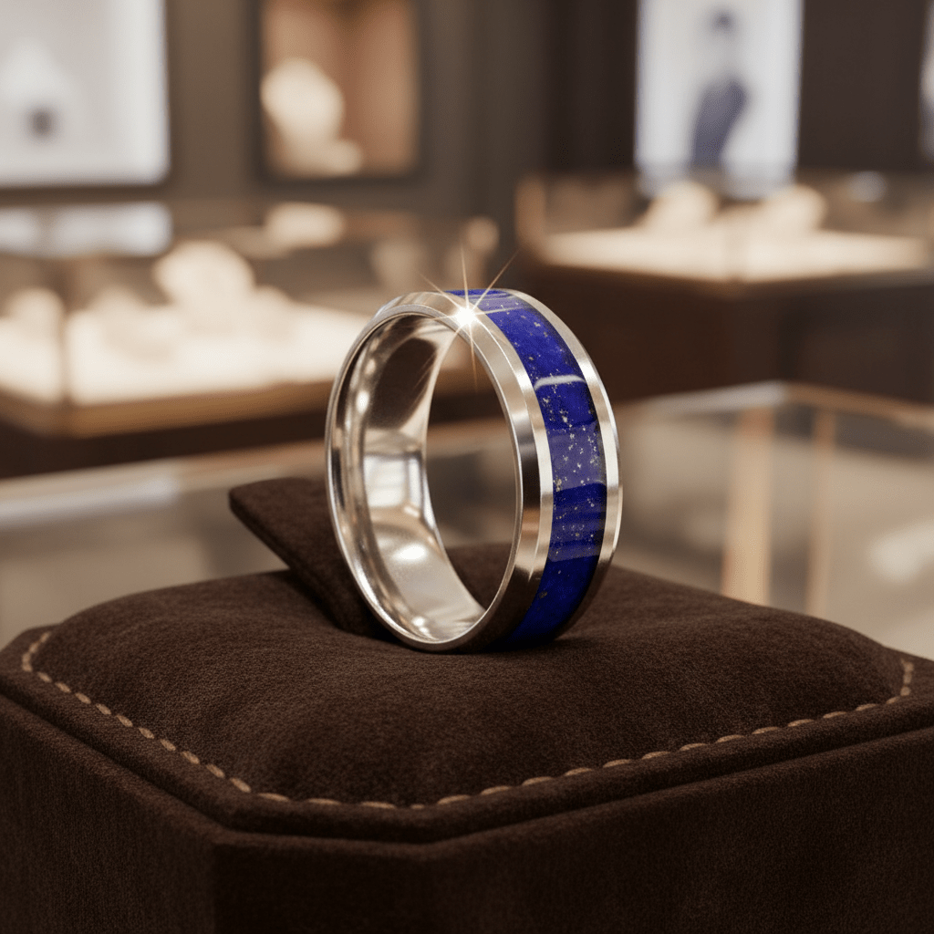 BOYDTON — Premium boutique display on velvet — men's tungsten wedding ring.