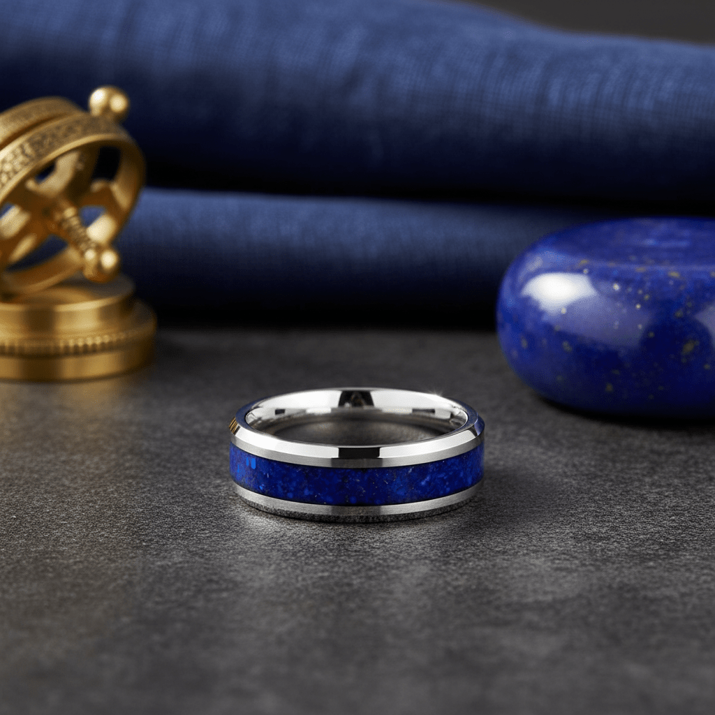 BOYDTON — Editorial masculine still life — men's tungsten wedding ring.