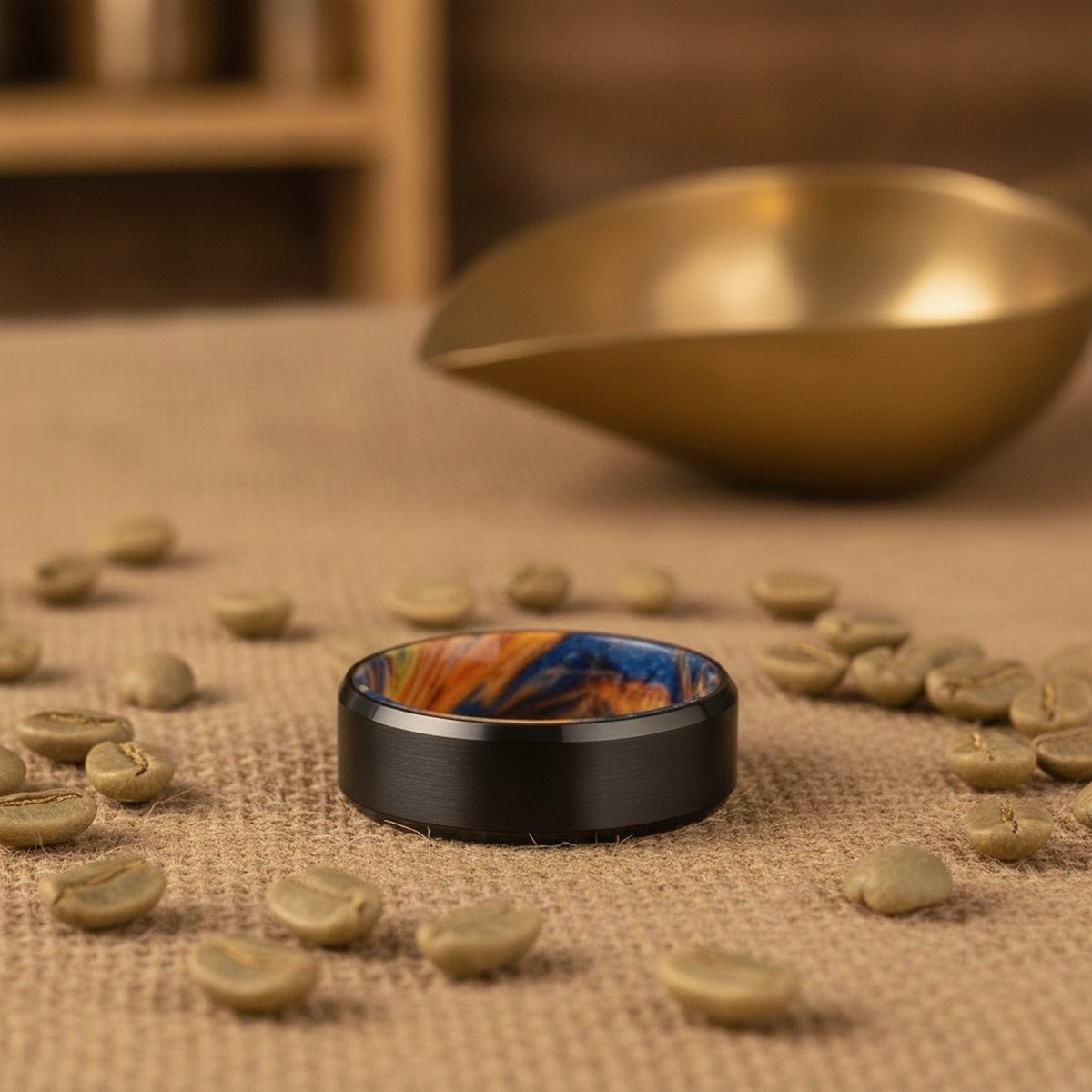 Aydins BRADLEY | Tungsten Box Elder Wood and Yellow Box Elder Wood Inlay Ring lifestyle scene, coffee roaster