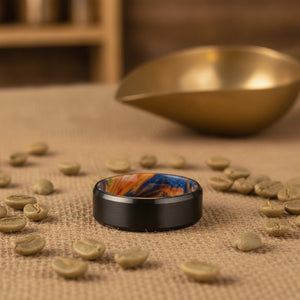 Aydins BRADLEY | Tungsten Box Elder Wood and Yellow Box Elder Wood Inlay Ring lifestyle scene, coffee roaster