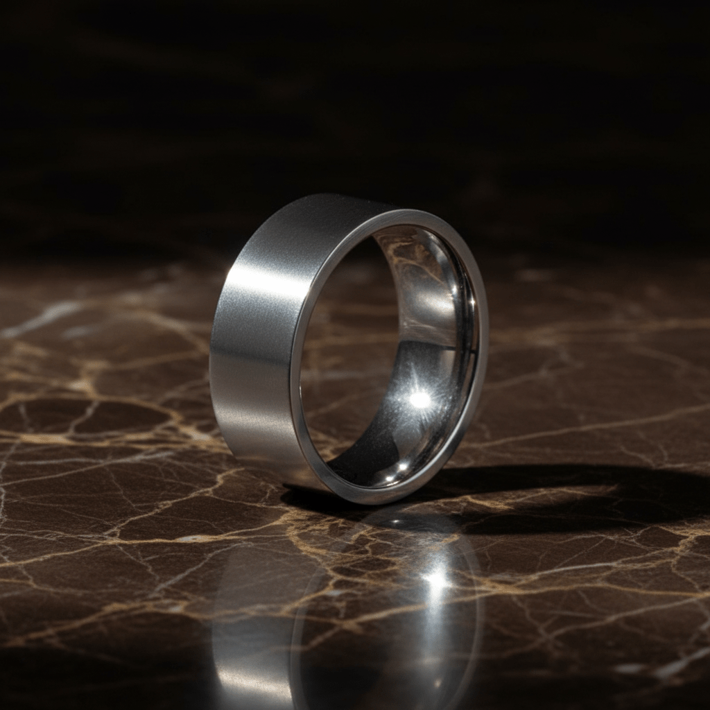 BRAWLER - Luxury 3/4 angle on dark marble - men's tungsten wedding ring.