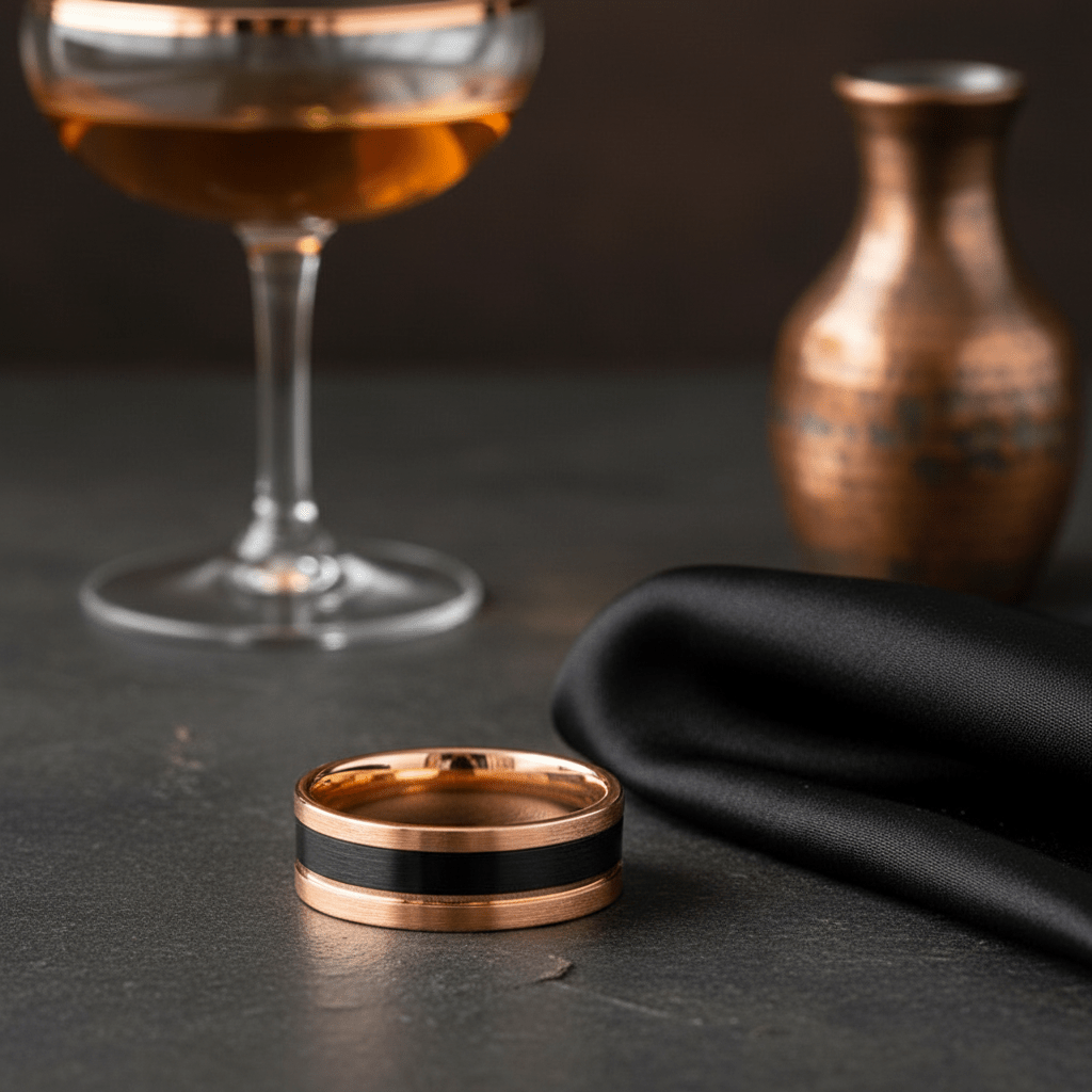 BRENTLEY — Editorial masculine still life — men's tungsten wedding ring.