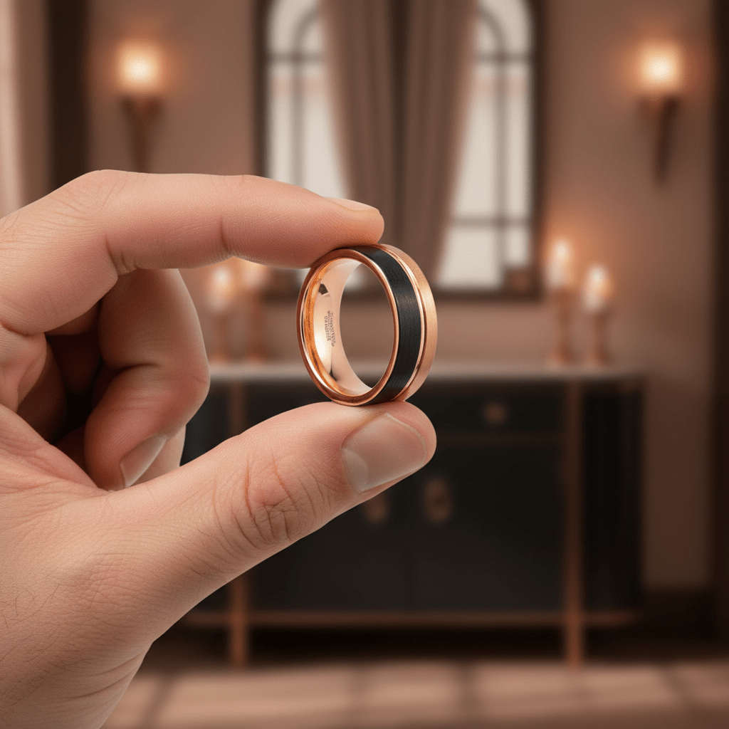 BRENTLEY — Held between fingers close-up — men's tungsten wedding ring.