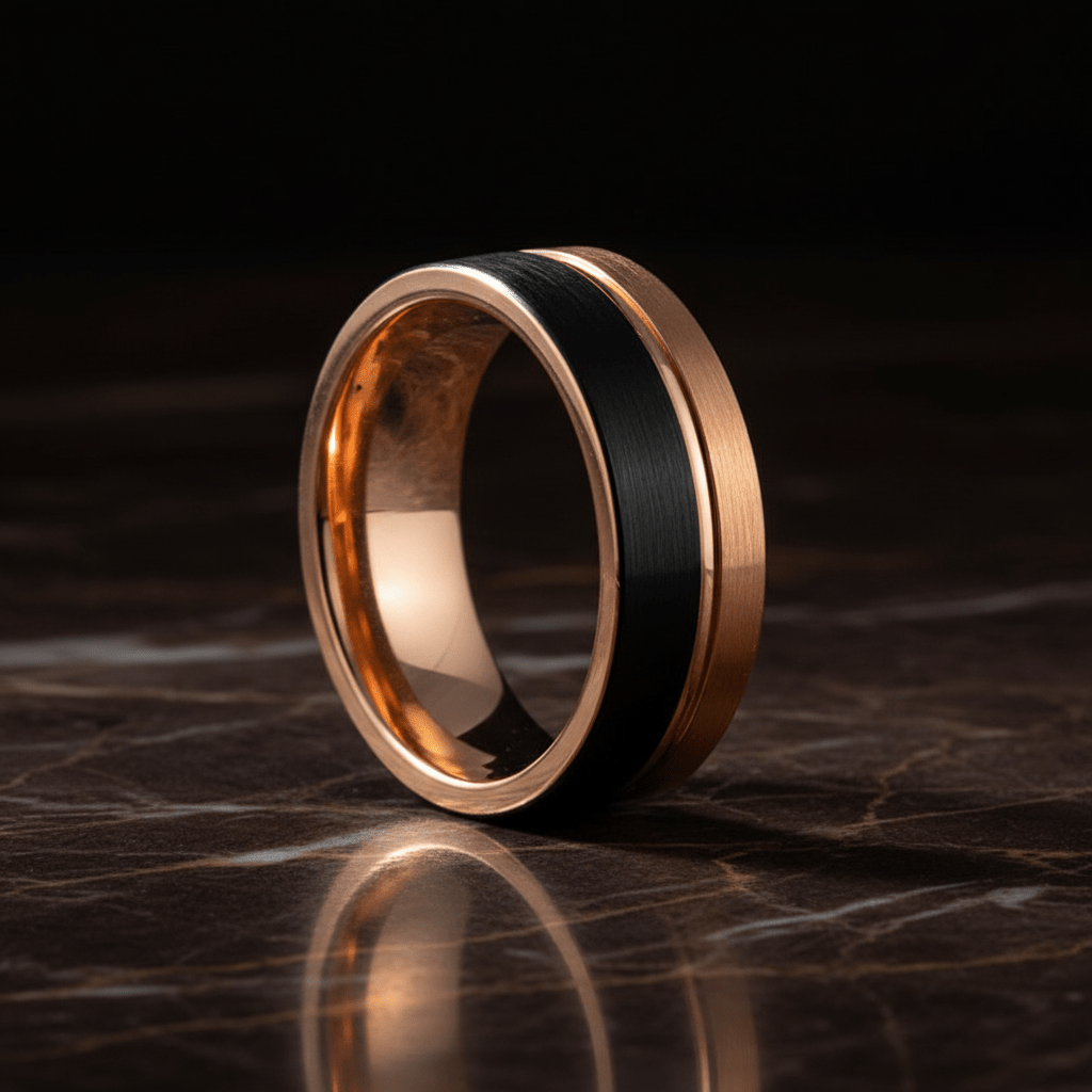 BRENTLEY — Luxury 3/4 angle on dark marble — men's tungsten wedding ring.