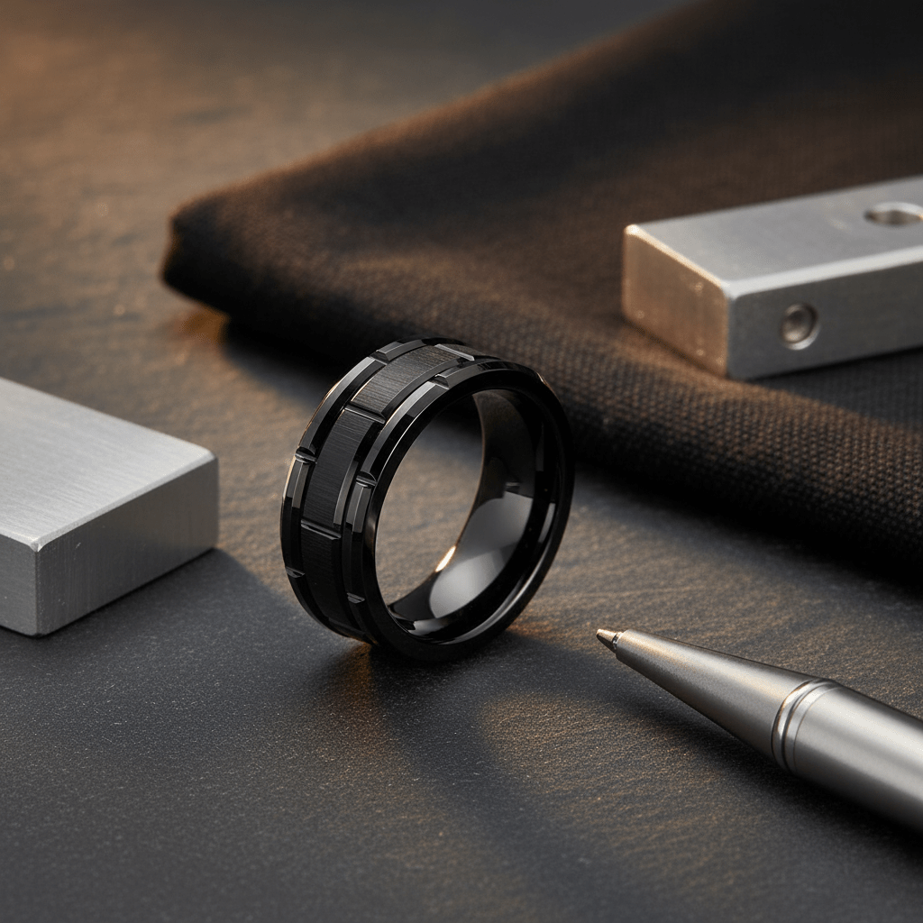 BRICKADE — Editorial masculine still life — men's tungsten wedding ring.