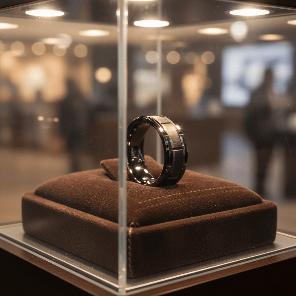 BRICKADE — Premium boutique display on velvet — men's tungsten wedding ring.