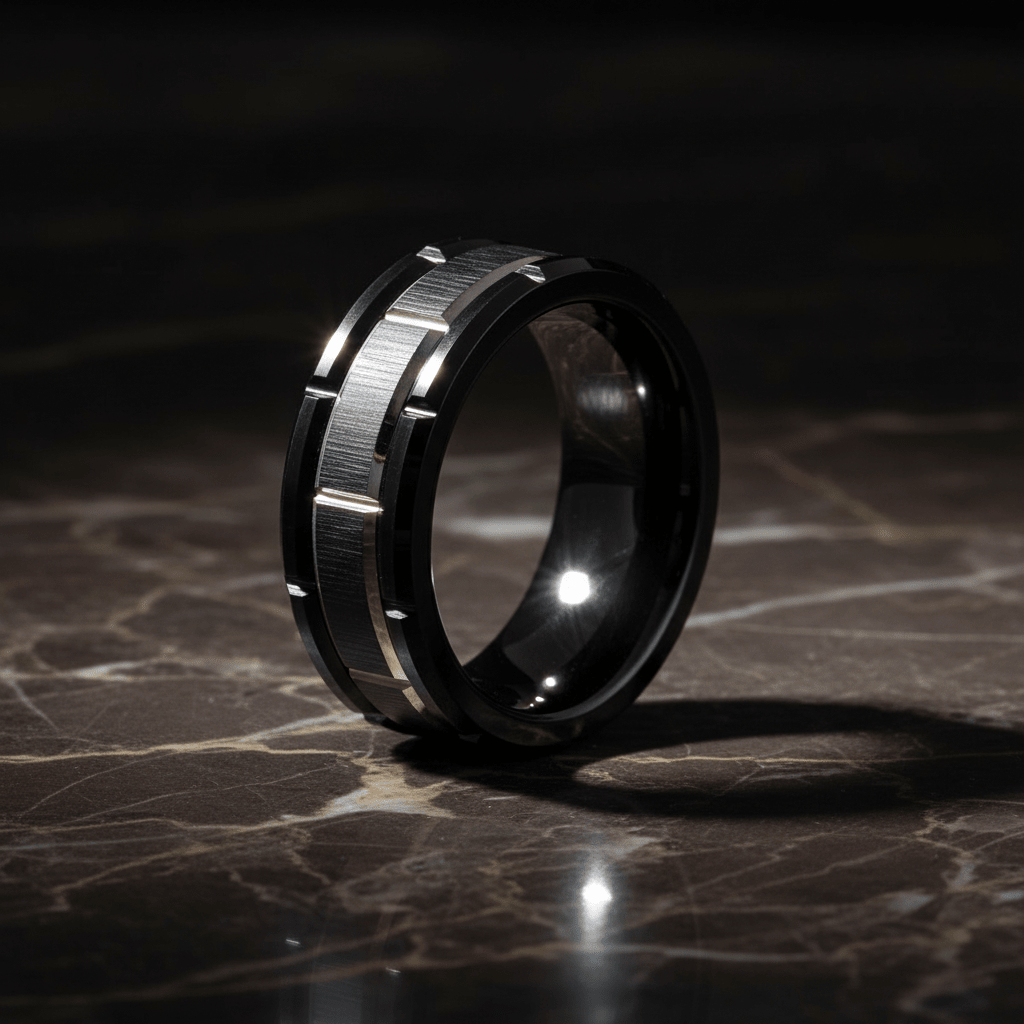 BRICKADE — Luxury 3/4 angle on dark marble — men's tungsten wedding ring.