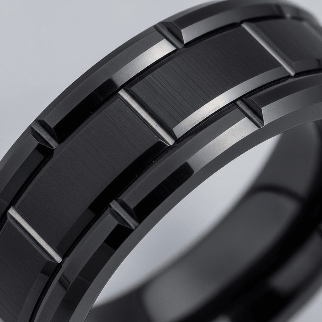 BRICKADE — Extreme macro detail — men's tungsten wedding ring.