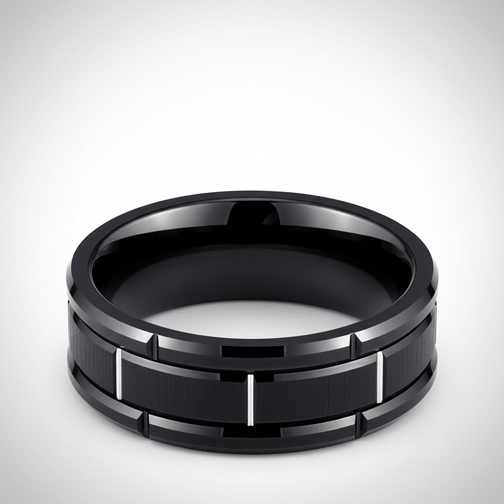 BRICKADE — Center-through axial view — men's tungsten wedding ring.
