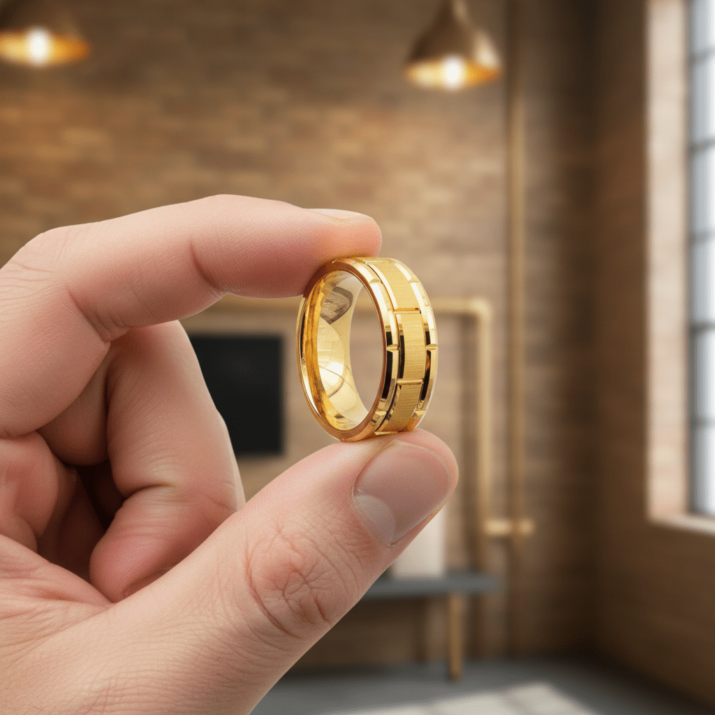 BRICKCRAFT — Held between fingers close-up — men's tungsten wedding ring.