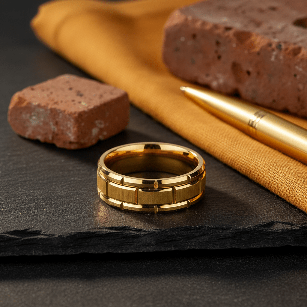 BRICKCRAFT — Editorial masculine still life — men's tungsten wedding ring.