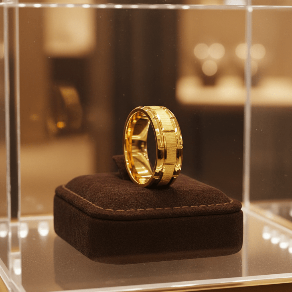 BRICKCRAFT — Premium boutique display on velvet — men's tungsten wedding ring.