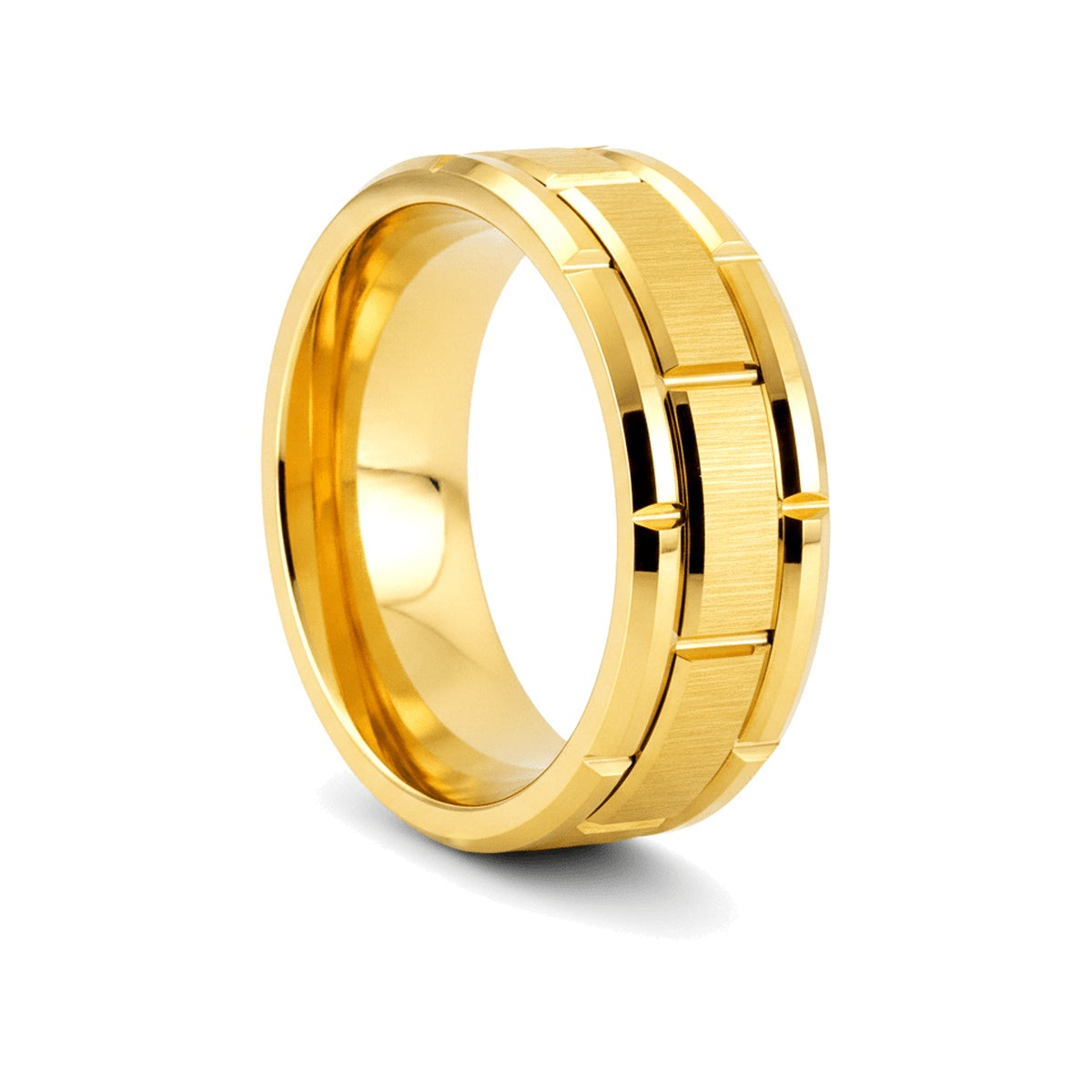 BRICKCRAFT yellow gold tungsten wedding ring with brick pattern design - front view