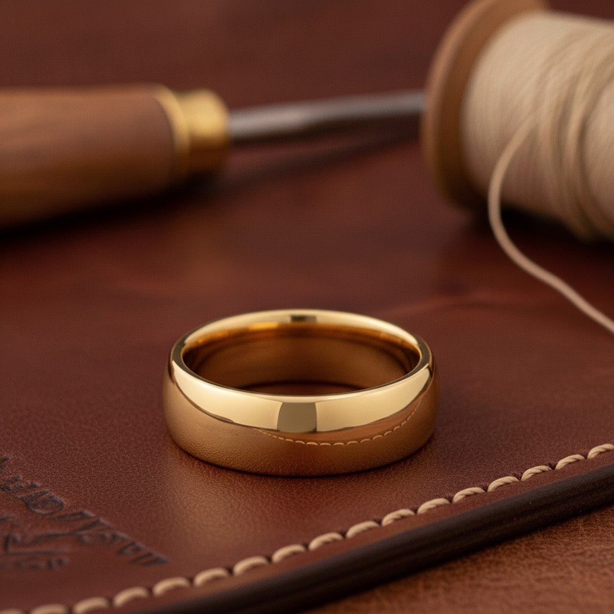 Aydins BRILLIUM | Gold Tungsten Domed Ring lifestyle scene, leather atelier
