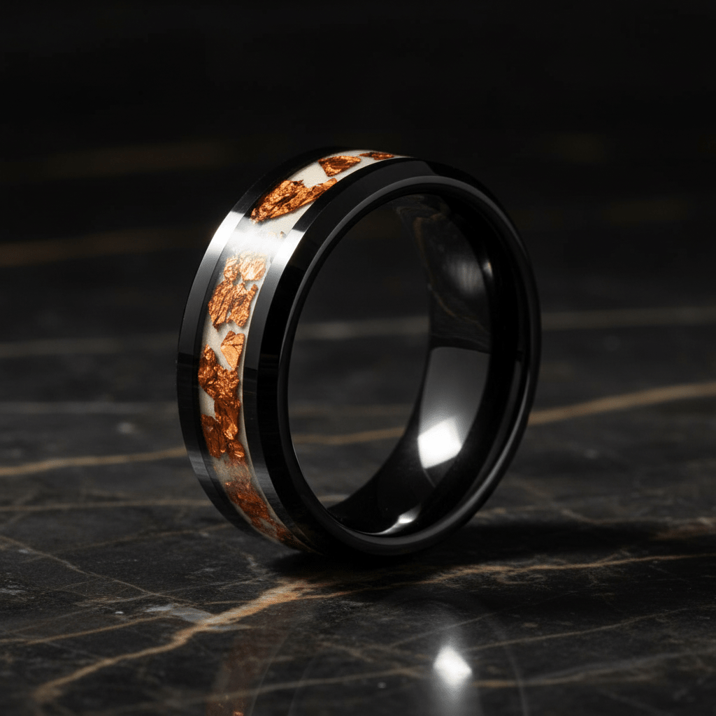 BRONZIUM — Luxury 3/4 angle on dark marble — men's tungsten wedding ring.