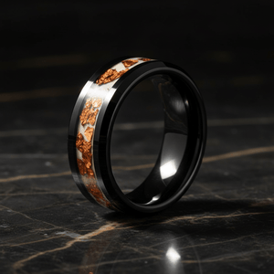 BRONZIUM — Luxury 3/4 angle on dark marble — men's tungsten wedding ring.