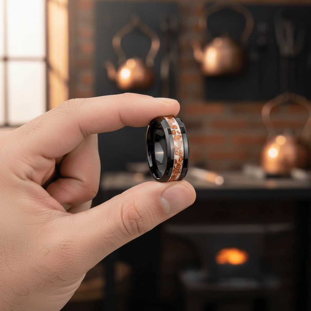 BRONZIUM — Held between fingers close-up — men's tungsten wedding ring.