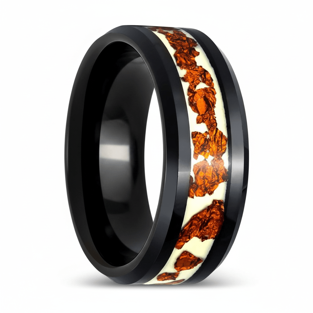 BRONZIUM — Hero product shot — men's tungsten wedding ring.
