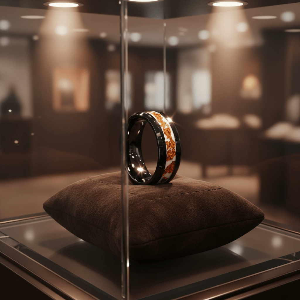BRONZIUM — Premium boutique display on velvet — men's tungsten wedding ring.