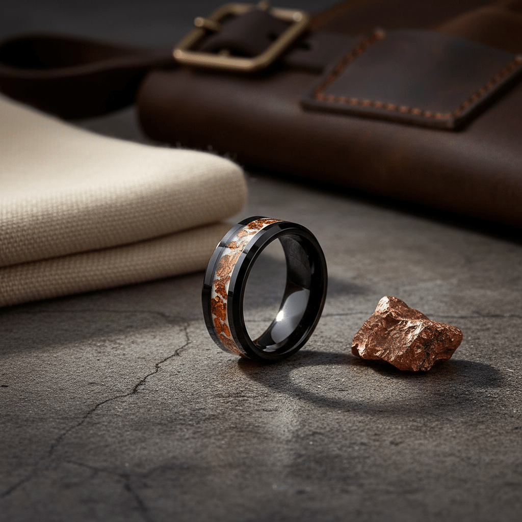 BRONZIUM — Editorial masculine still life — men's tungsten wedding ring.