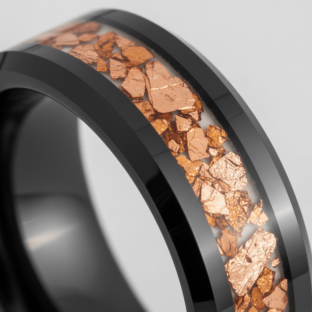 BRONZIUM — Extreme macro detail — men's tungsten wedding ring.