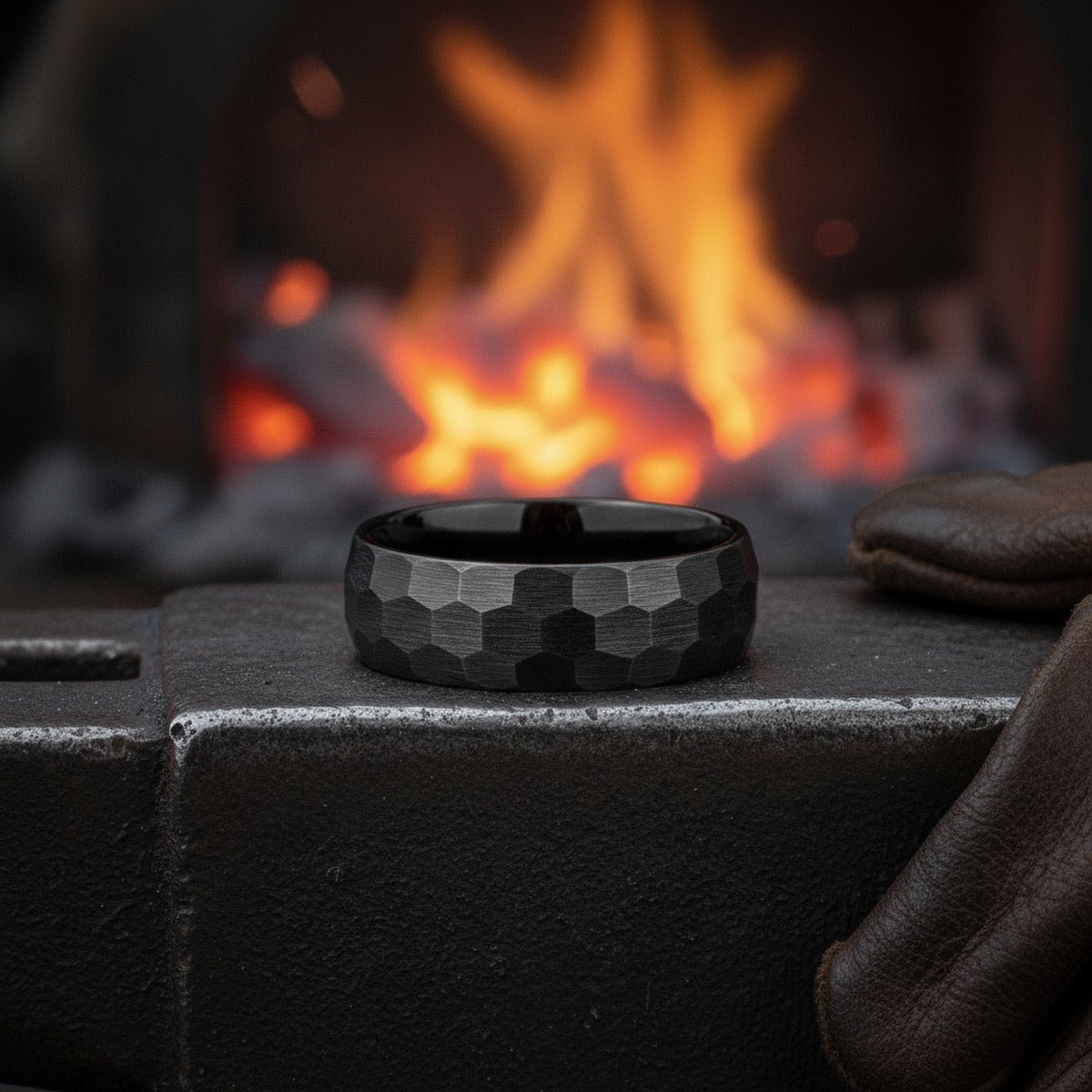 Aydins BRUTE | Black Tungsten Hammered Ring lifestyle scene, blacksmith forge