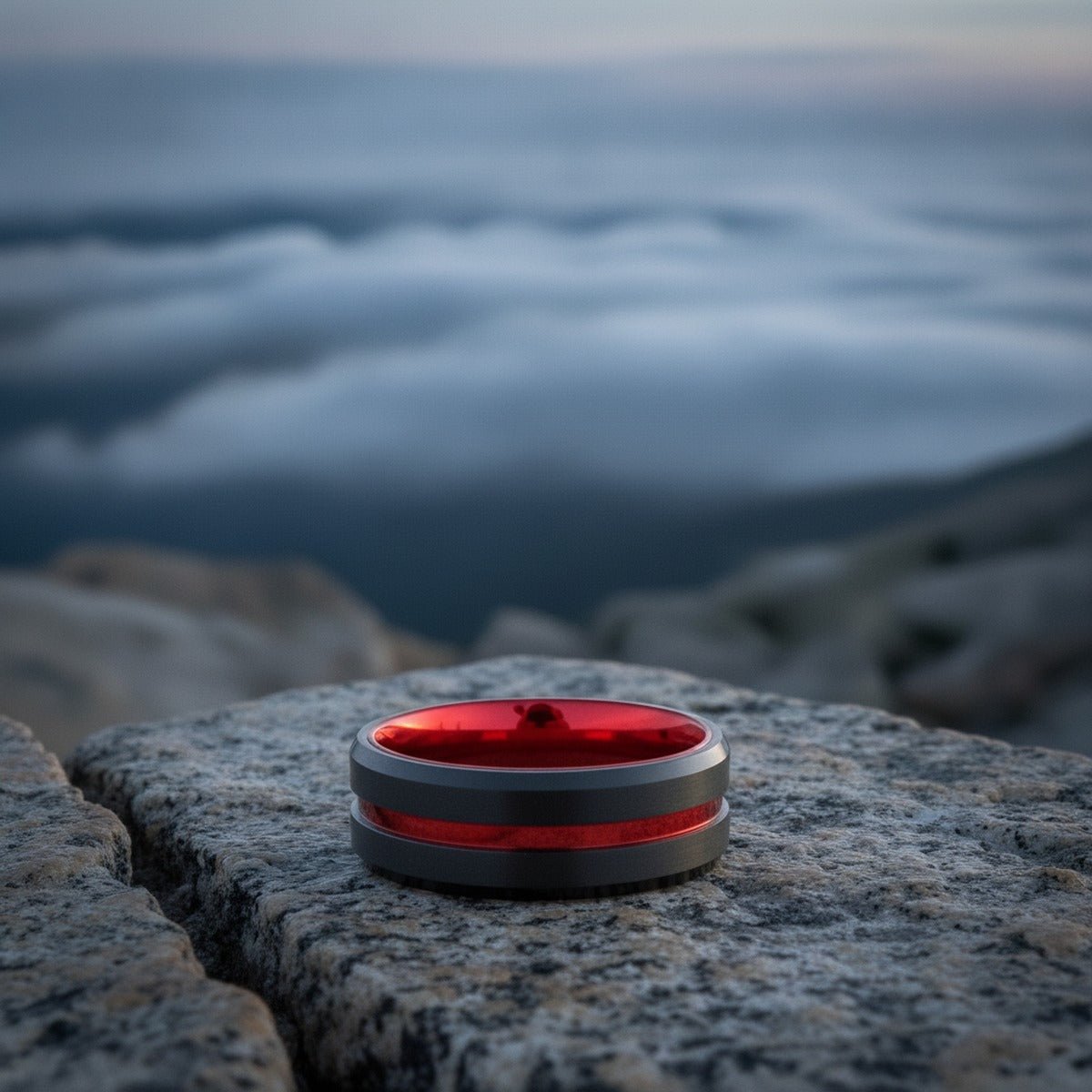 Aydins BUGATTI | Scarlet Red, 6mm Ring lifestyle scene, granite overlook
