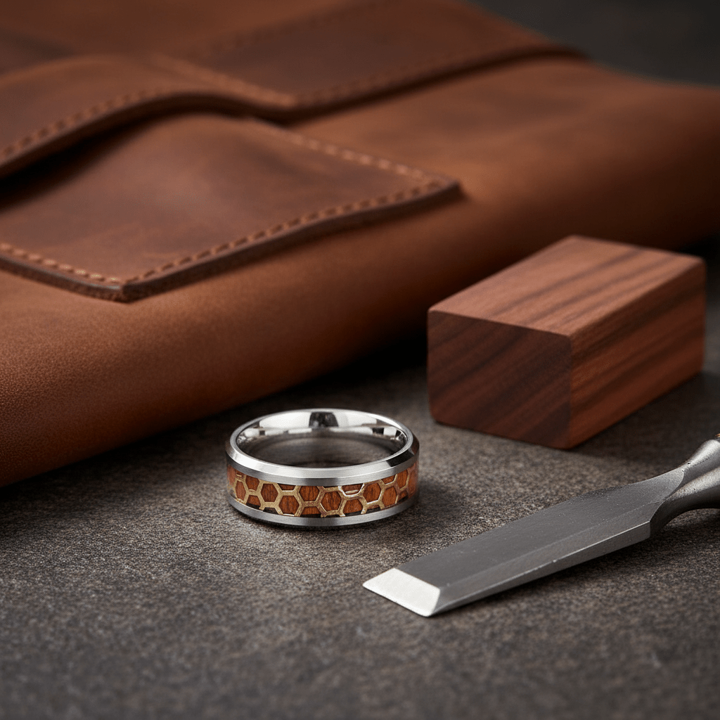 BUZZARD — Editorial masculine still life — men's tungsten wedding ring.