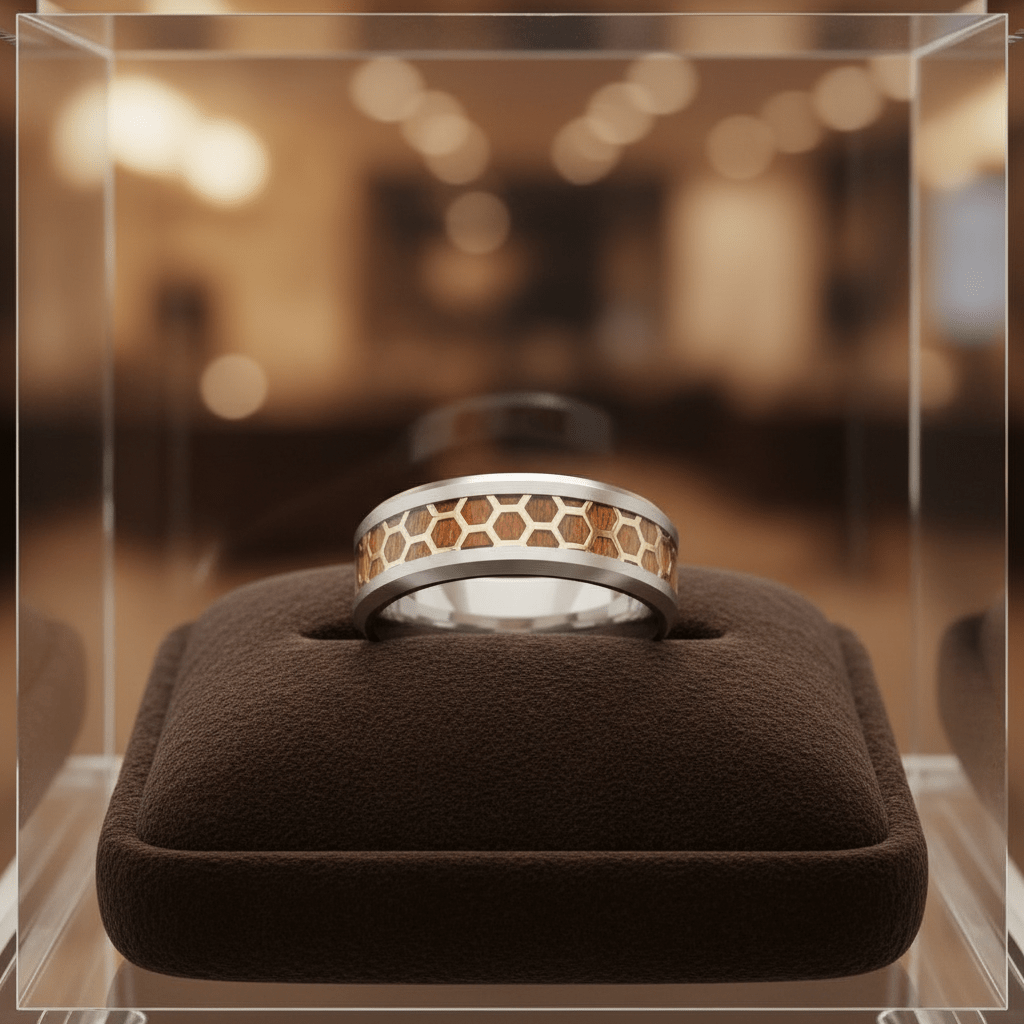 BUZZARD — Premium boutique display on velvet — men's tungsten wedding ring.