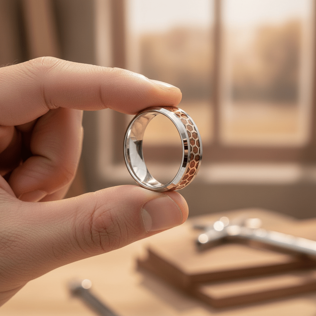 BUZZARD — Held between fingers close-up — men's tungsten wedding ring.