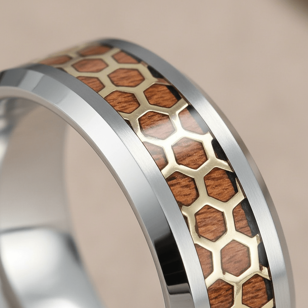 BUZZARD — Extreme macro detail — men's tungsten wedding ring.