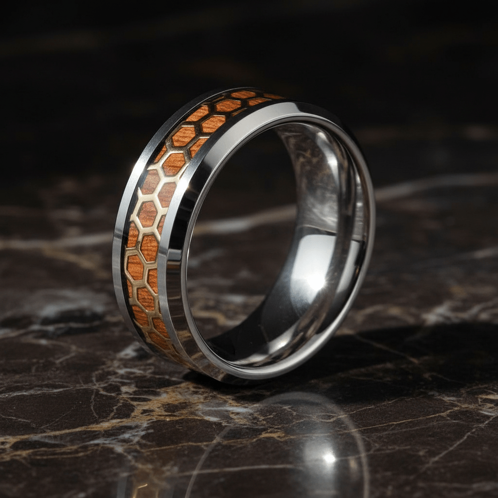 BUZZARD — Luxury 3/4 angle on dark marble — men's tungsten wedding ring.