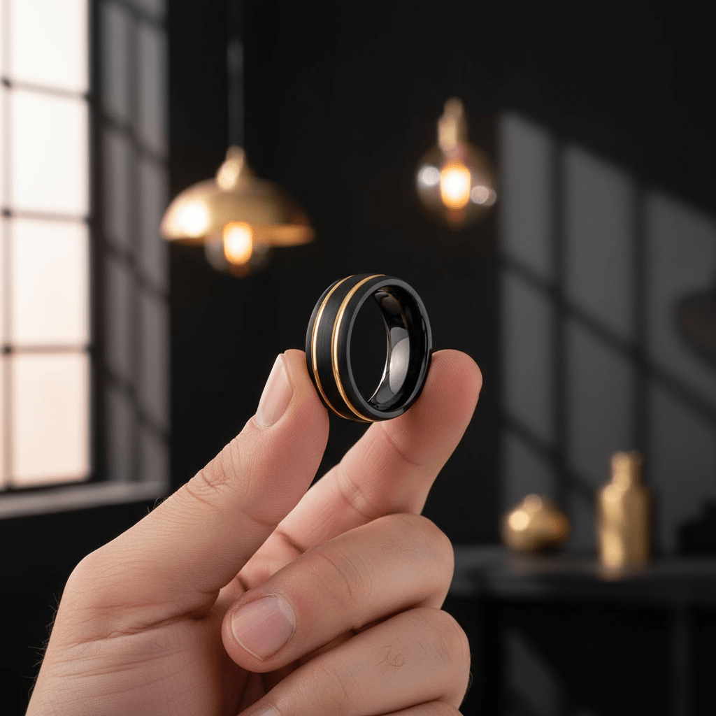 CALLISTO — Held between fingers close-up — men's tungsten wedding ring.