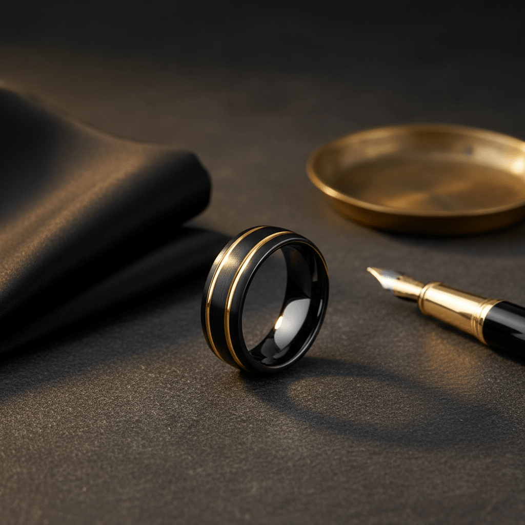 CALLISTO — Editorial masculine still life — men's tungsten wedding ring.
