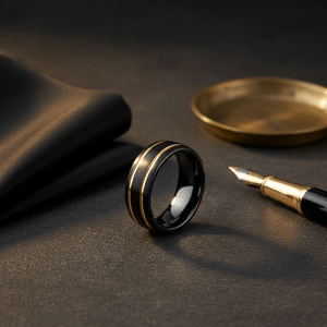 CALLISTO — Editorial masculine still life — men's tungsten wedding ring.