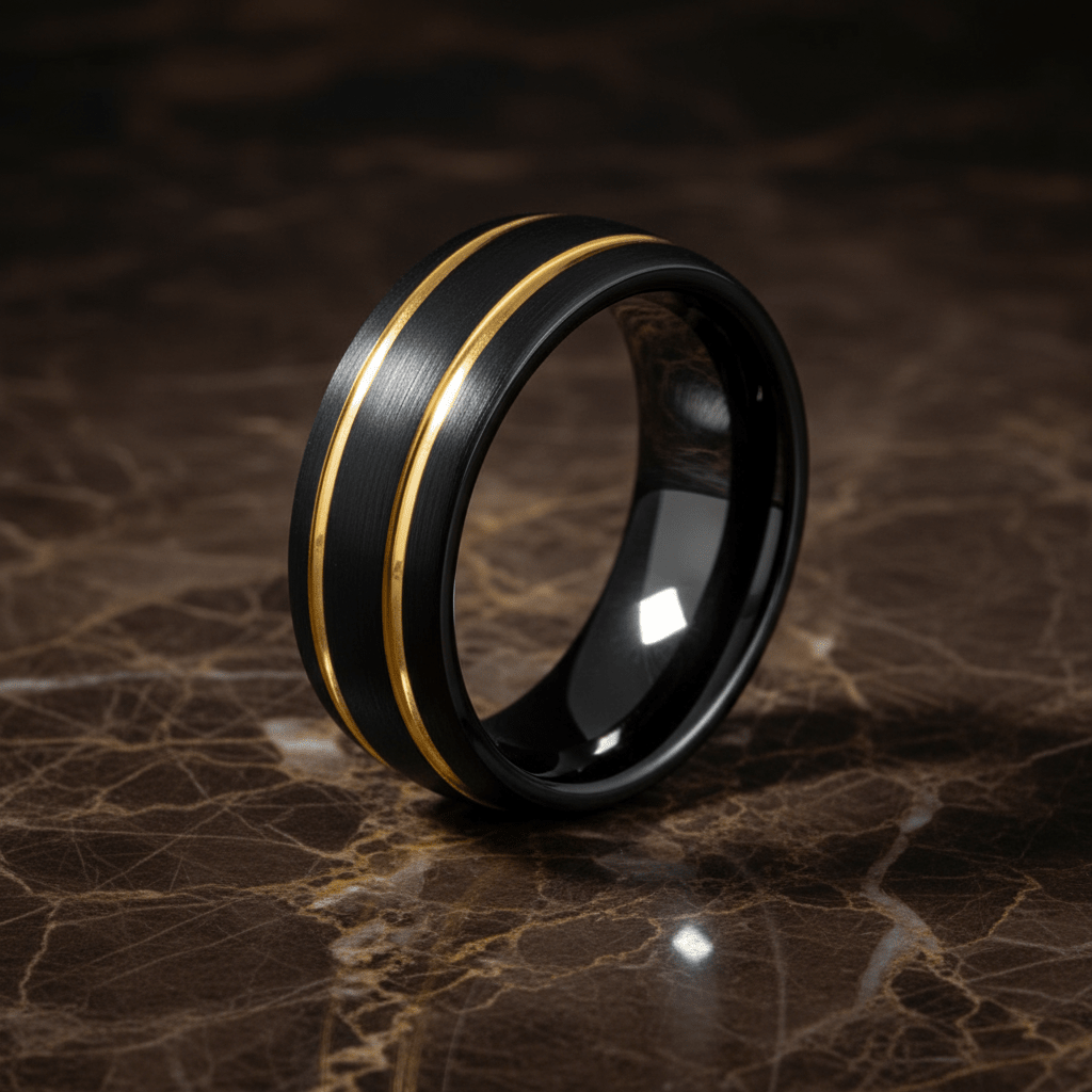 CALLISTO — Luxury 3/4 angle on dark marble — men's tungsten wedding ring.