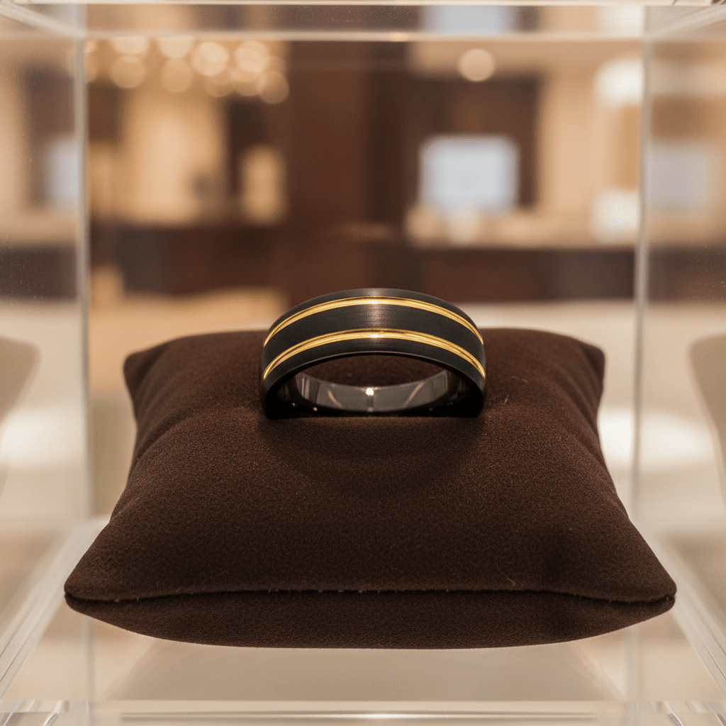 CALLISTO — Premium boutique display on velvet — men's tungsten wedding ring.