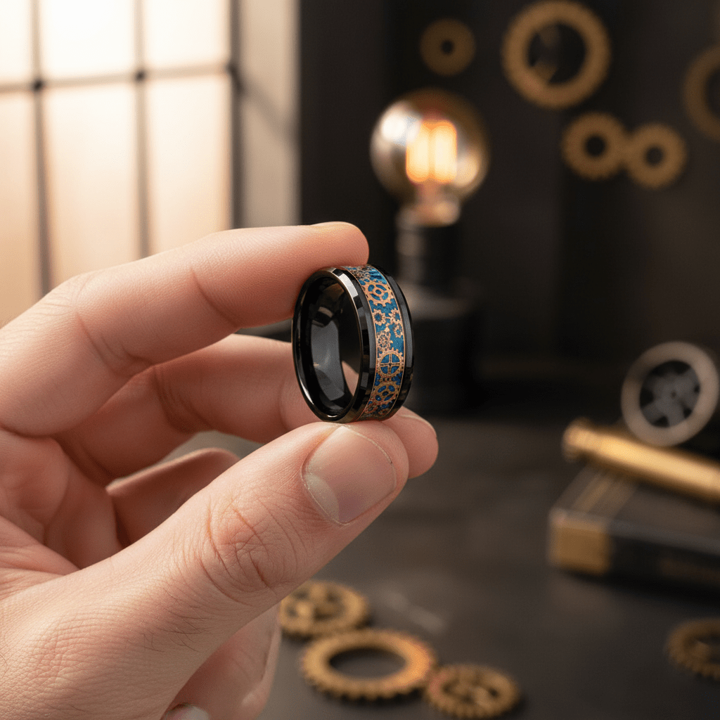 CARBULEUM — Held between fingers close-up — men's tungsten wedding ring.