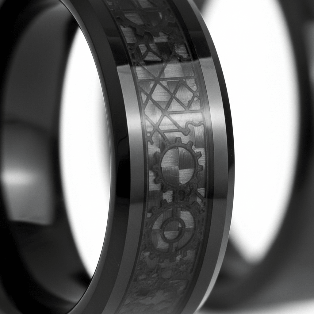 CARBULEUM — Extreme macro detail — men's tungsten wedding ring.