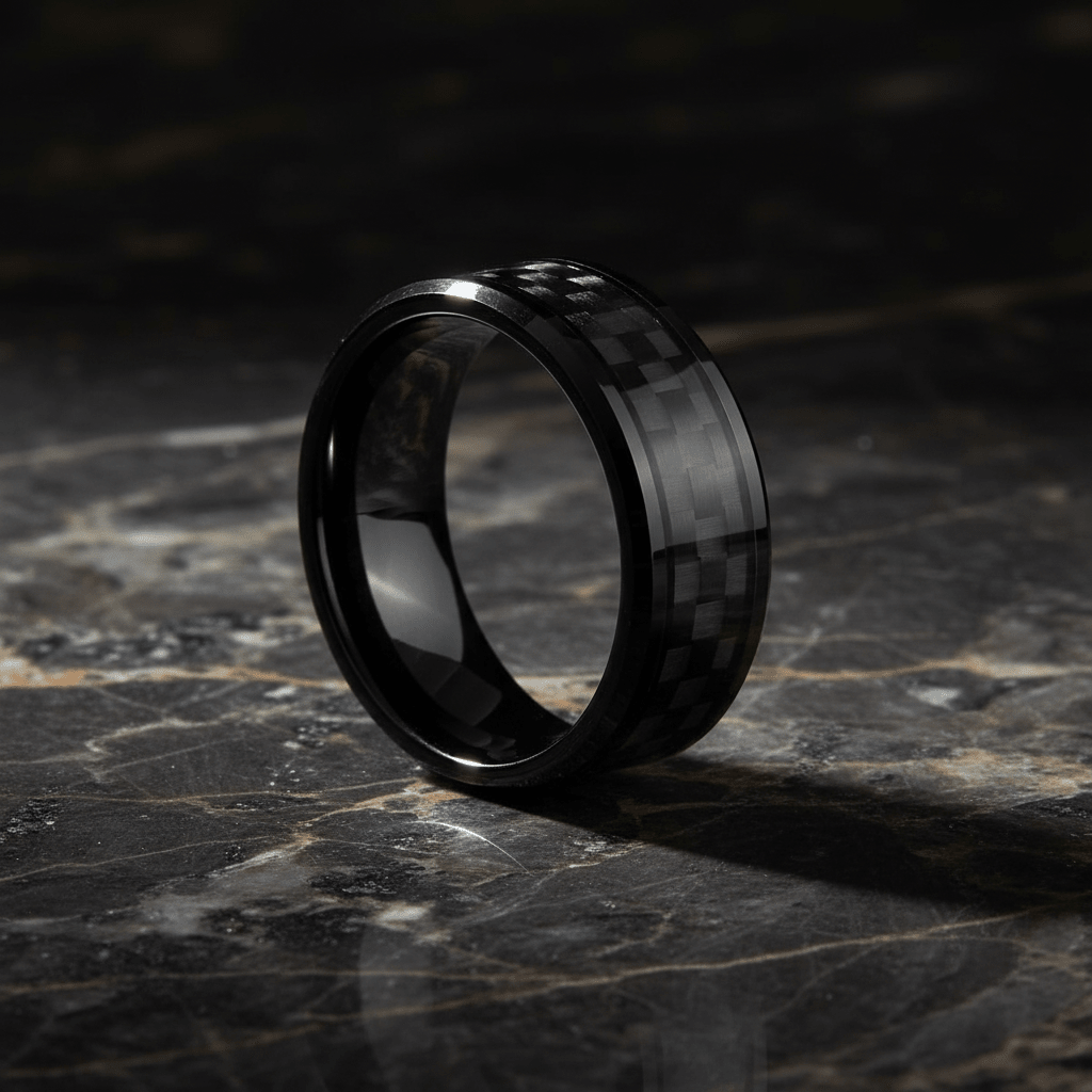 CARBULEUM — Luxury 3/4 angle on dark marble — men's tungsten wedding ring.
