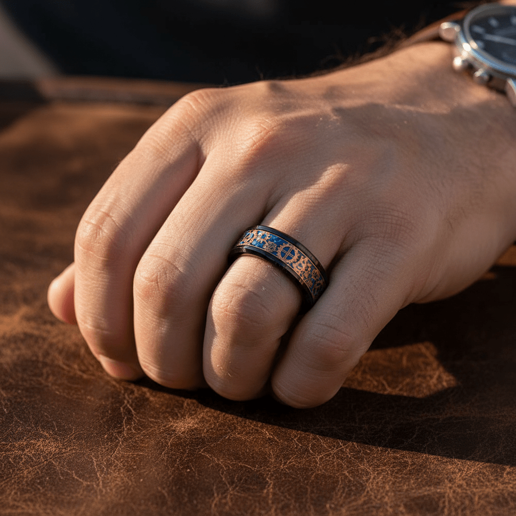 CARBULEUM — Lifestyle photo on hand — men's tungsten wedding ring.